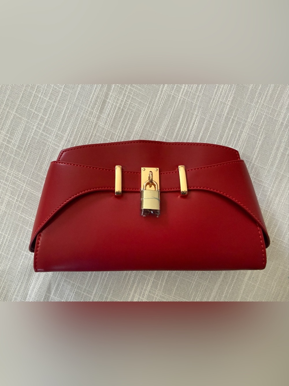 Red Top-Handle Satchel with Gold Lock Detail - Picture 2 of 11